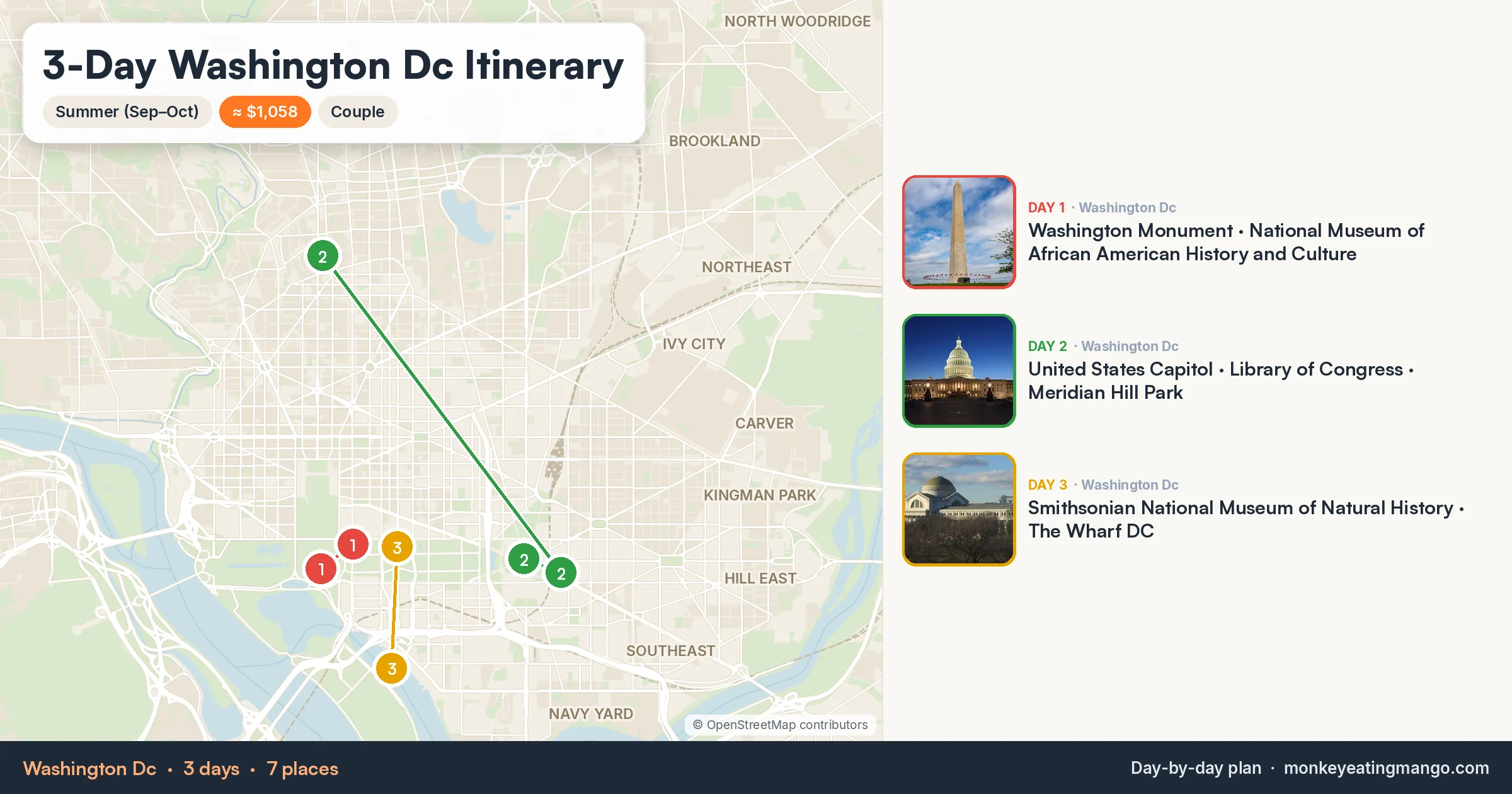 3-day Washington Dc itinerary map: Washington Monument, United States Capitol, Smithsonian National Museum of Natural History