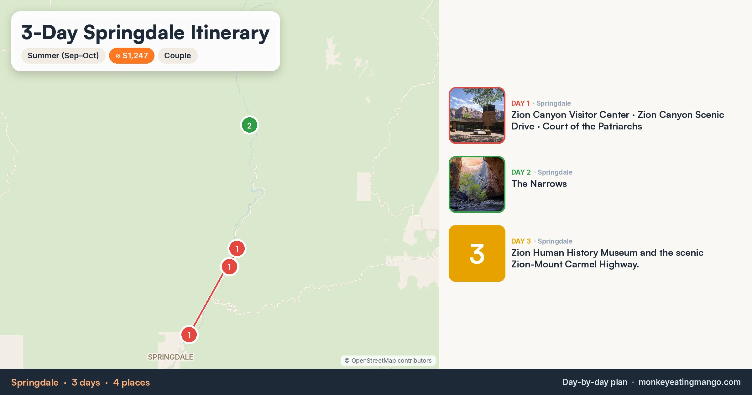 3-day Springdale itinerary map: Zion Canyon Visitor Center, The Narrows, Zion Canyon Scenic Drive