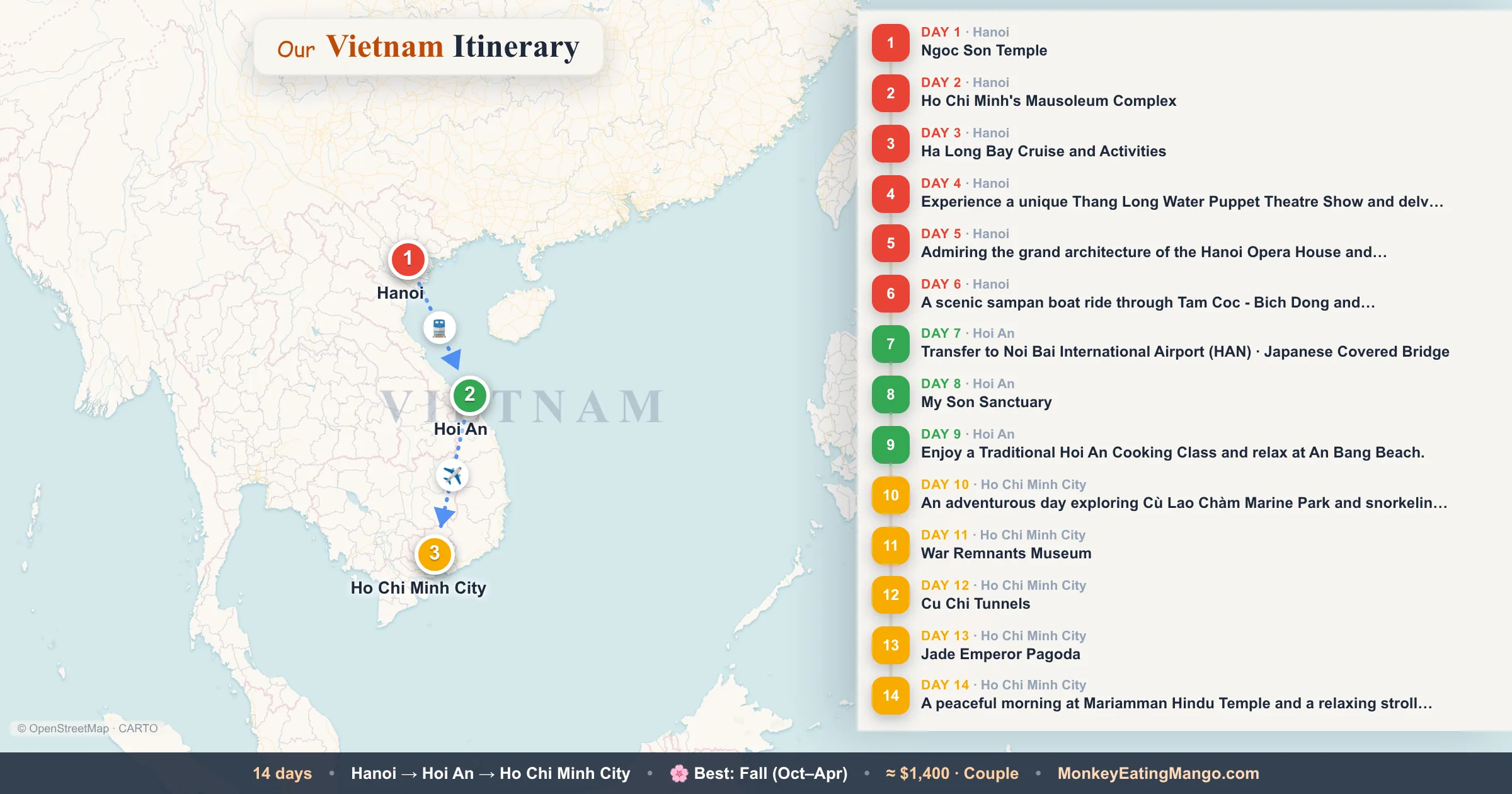 14-day Vietnam itinerary map: Ngoc Son Temple, Ho Chi Minh's Mausoleum Complex, Ha Long Bay Cruise and Activities