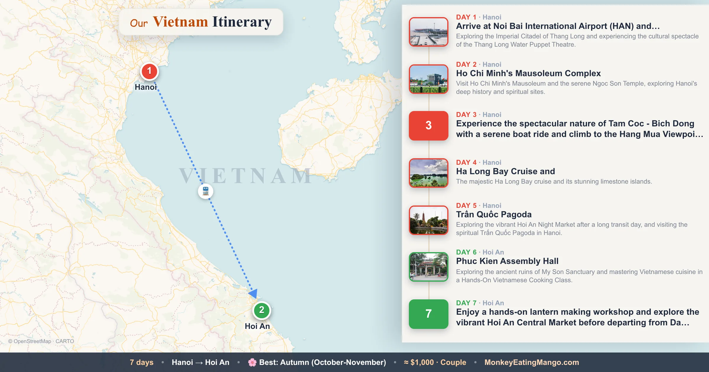 7-day Vietnam itinerary map: Arrive at Noi Bai International Airport (HAN) and…, Ho Chi Minh's Mausoleum Complex, Ha Long Bay Cruise and